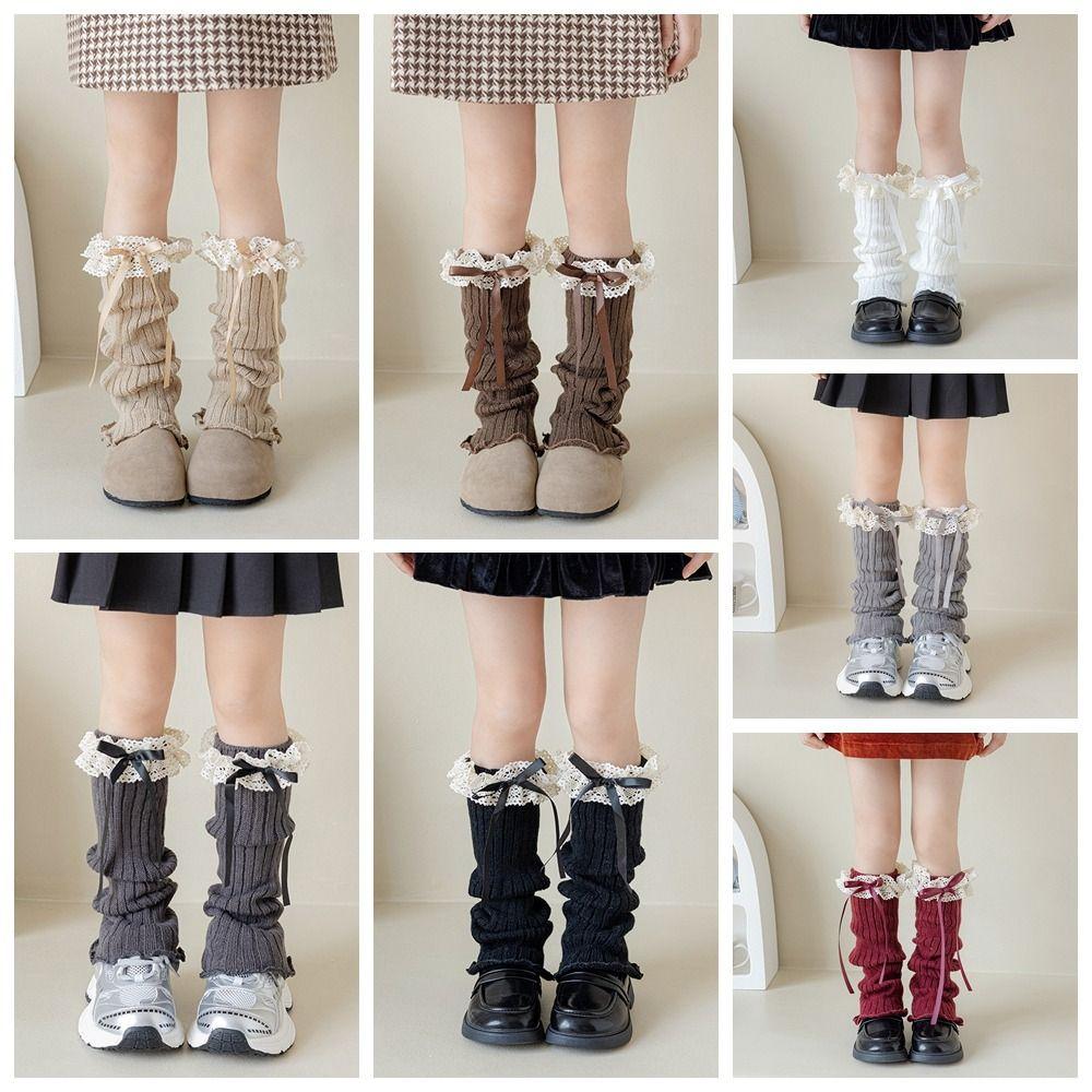 Solid Color Bow Ribbon Leg Warmers Long Stockings Knitted Foot Cover Children's Foot Warmer Winter
