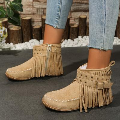Металлическая пряжка с кисточками-заклепками большого размера, короткие сапоги-трубы, женские осенне-зимние новые сапоги на плоской подошве, теплые женские сапоги