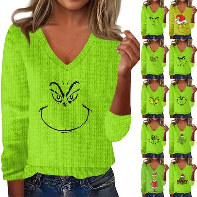 Женский милый свитер вязаный модный повседневный с V-образным вырезом длинным рукавом уютный с принтом топ