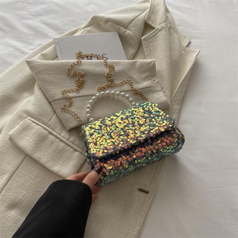 Foreign Style Simple Sequined Pearl Handbag Spring And Summer Versatile Chain Messenger Bag Small Square Bag Women