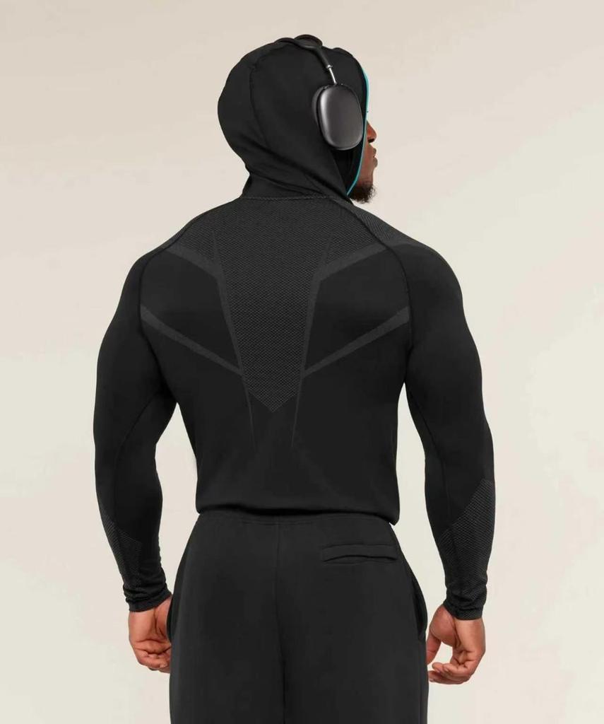 Мужская фитнес-футболка с длинным рукавом и капюшоном GYMSHARK Onyx с высокой эластичностью