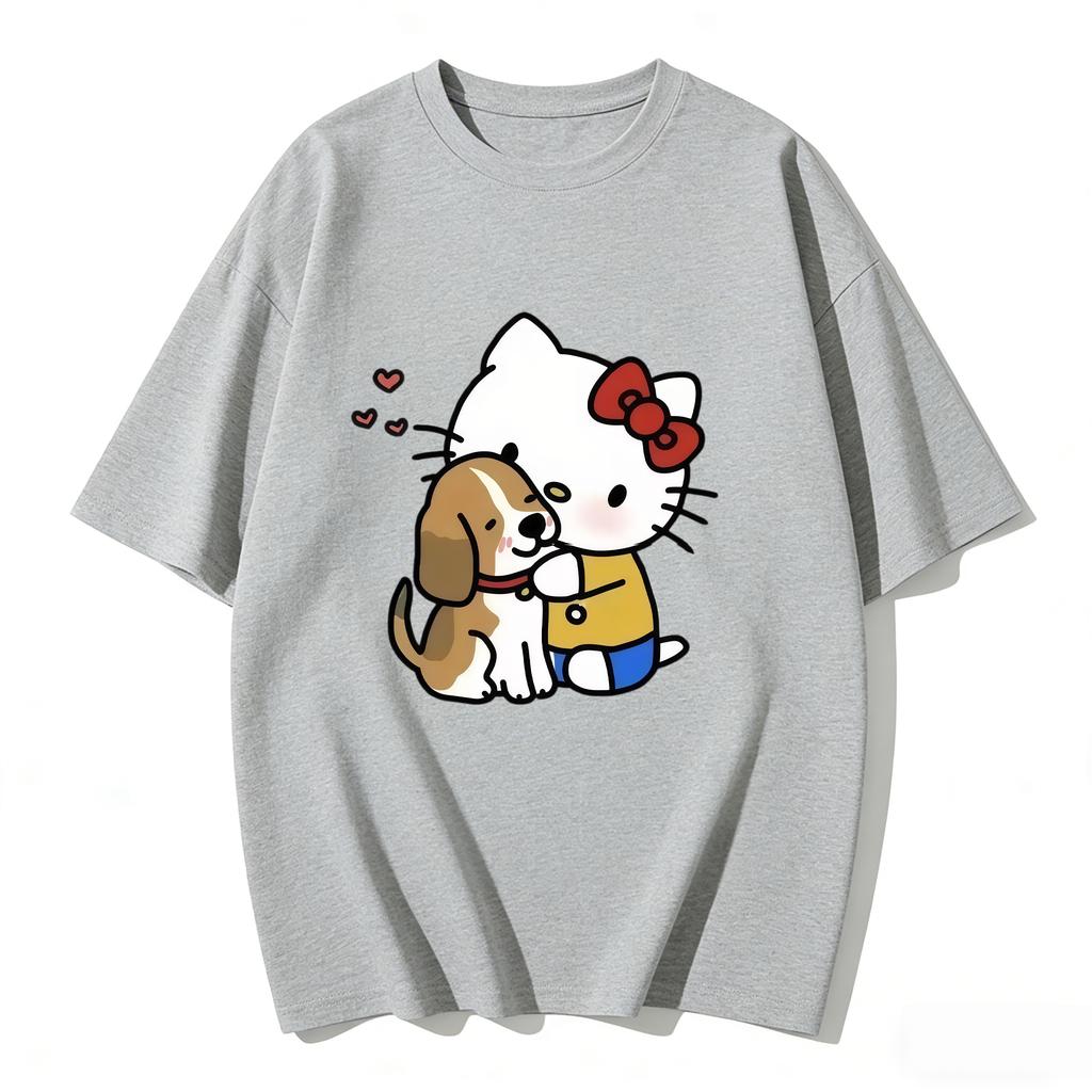 2026 Summer Hello Kitty Cartoon Printed Short Sleeve Pure Cotton Tshirts Womens Family Matching Outfits Versatile Y2k Tops Tee
