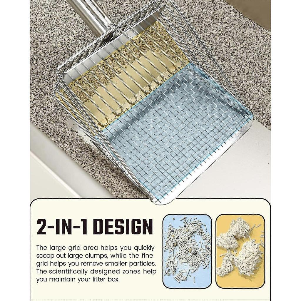 Heavy Duty Stainless Steel Cat Litter Scoop  Large Size Deep Shovel with Long Handle, Fast Sifting Metal Scoop for Litter Box, Durable Poop Lifter for