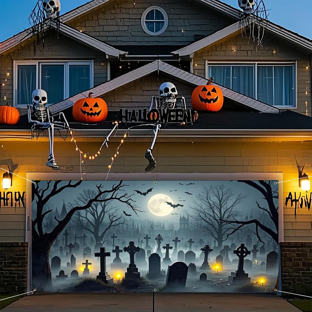 Halloween garage door banner featuring a spooky graveyard scene with bats, full moon and skull decorations