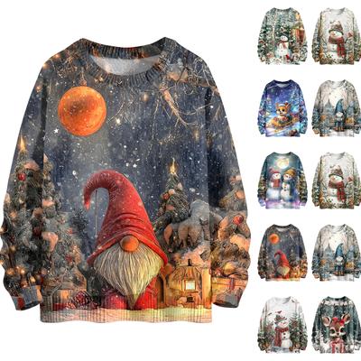 Женский модный повседневный трикотажный топ с длинным рукавом, рождественским принтом и круглым вырезом