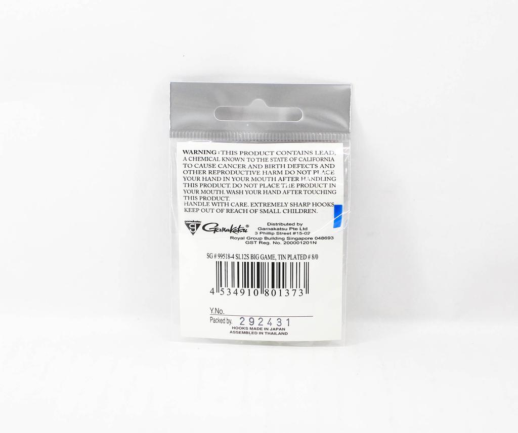 Gamakatsu SL12S Крючок для крупной дичи с оловянным покрытием, размер 8/0, 4 в упаковке (1373)
