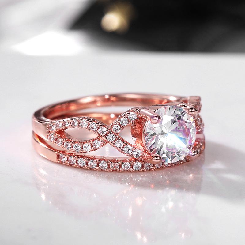 Новый цвет розового золота, двойной штабелируемый набор колец, женские шикарные аксессуары, полный цирконий, женские вечерние украшения, эстетические кольца из 2 шт.