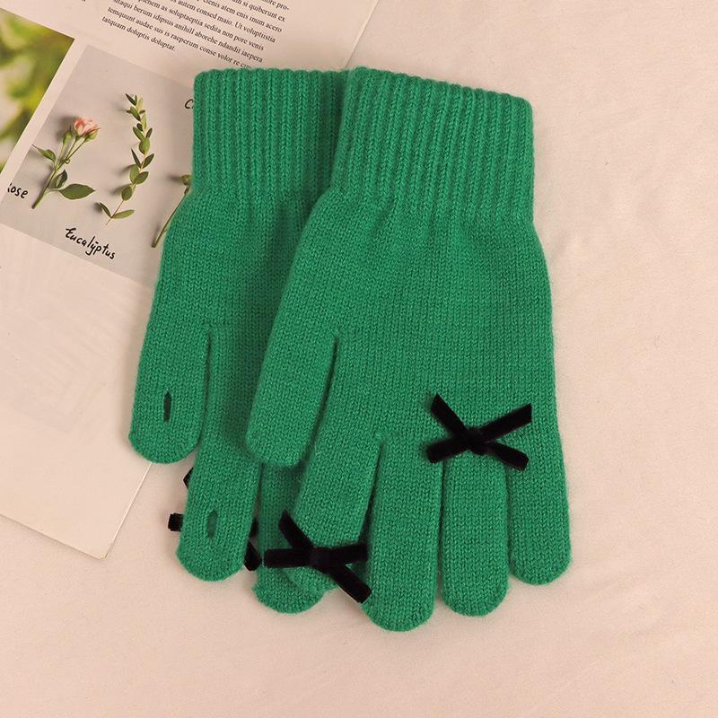 New winter products five fingers solid color warm knitted gloves women's bow student cold-proof wool gloves