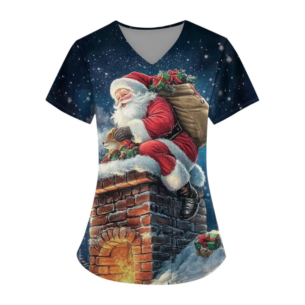 Плюс размерСкраб с принтом Рабочая форма Топы для женщин Крест V-образным вырезом Хэллоуин Принт с короткими рукавами Забавные футболки Спецодежда Футболка с карманами