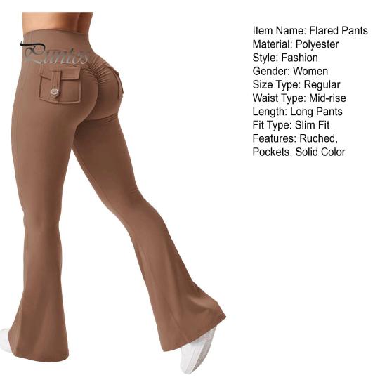 Женские штаны для йоги, однотонные облегающие расклешенные брюки с карманами, тонкие эластичные брюки в стиле карго, сексуальные длинные брюки с рюшами