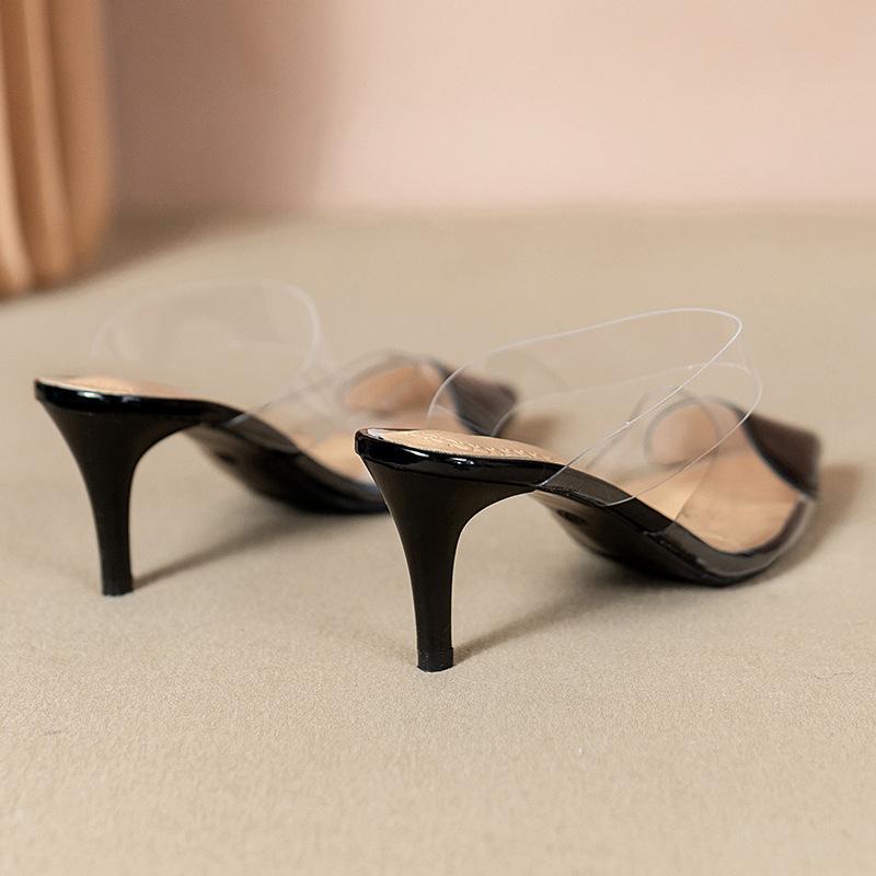 Весенние модные простые лакированные кожаные полутапочки персикового цвета с острым носком в форме сердца, женские сандалии Baotou на высоком каблуке на тонком каблуке, удобная элегантная обувь