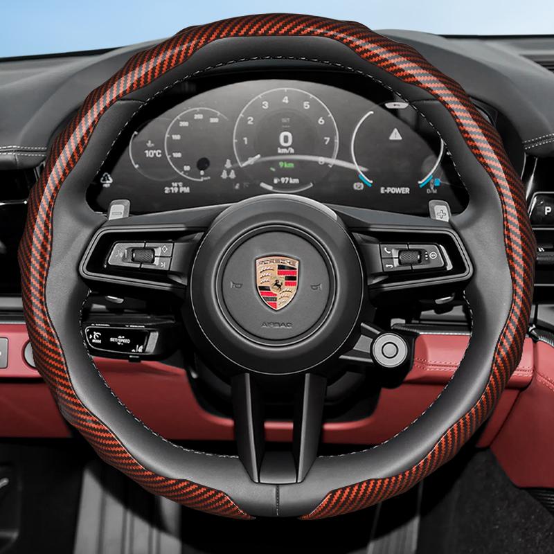 Suitable for Porsche Carbon Fiber Texture Steering Wheel Cover with Snap-On Wave-Shaped Sports Design Protective Shell for Cayenne Taycan Panamera