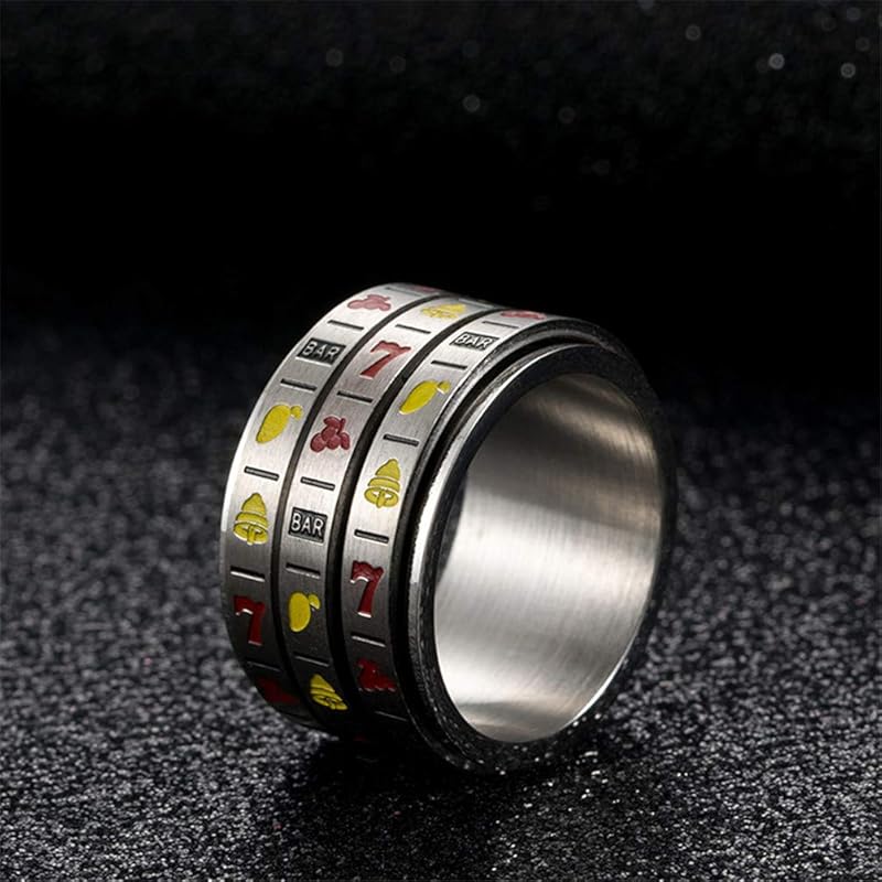 Oakky unisex stainless steel Fruit slot machine pattern fun rotatable lucky ring Creative 3 layers are gambling size 24
