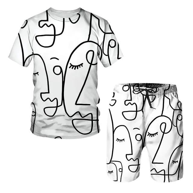 Мужской спортивный комплект, состоящий из 2 предметов, пляжный повседневный спортивный костюм с короткими рукавами и принтом, футболки с абстрактным узором, шорты с эластичной резинкой на талии, брюки, комплекты спортивных костюмов