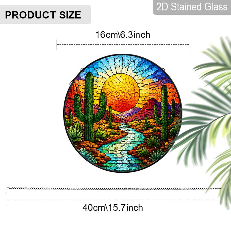 1pc 2D Flat Landscape Stained Glass Suncatcher, 6.3/7.87 Inch Desert Sunset Lake Glass Suncatcher, Southwestern Landscape Window Hanging, Warm Sunset