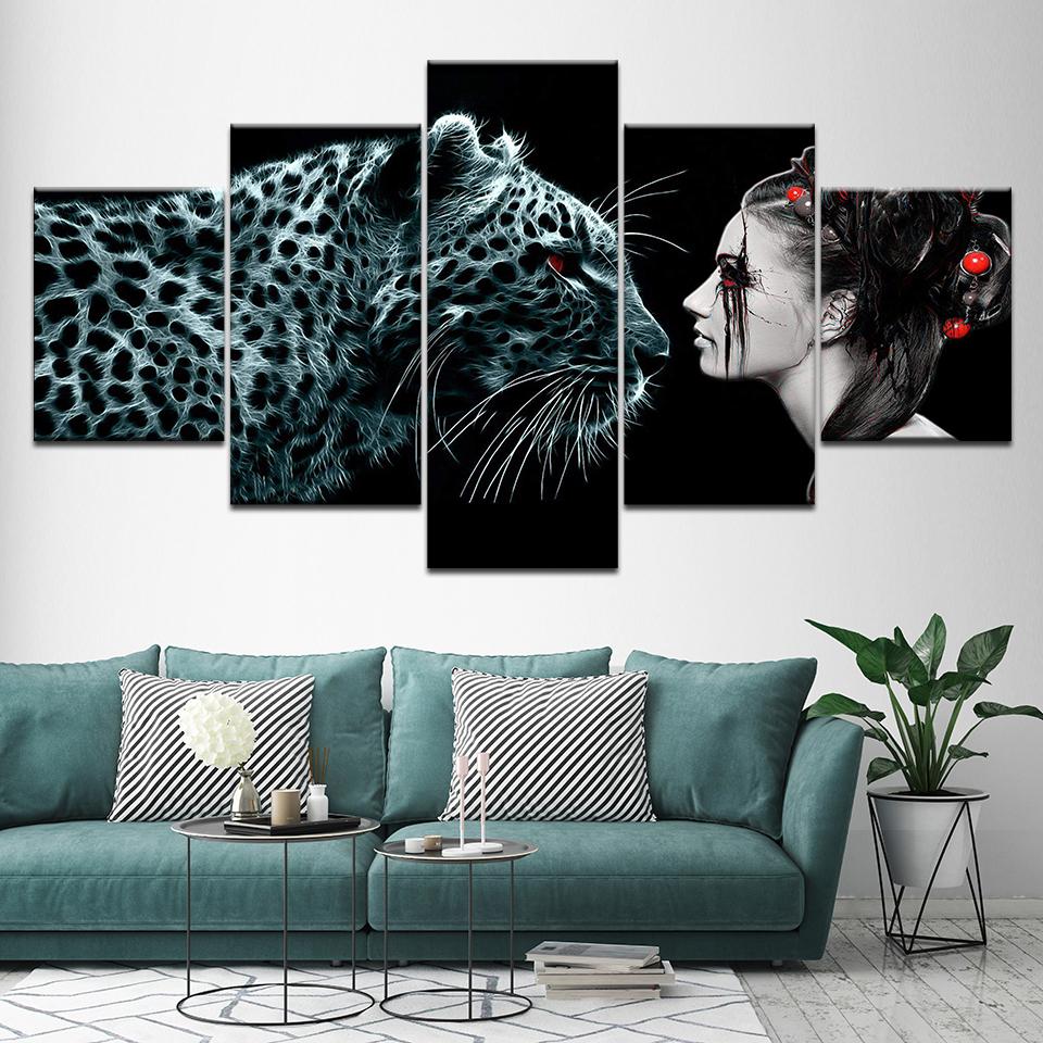 Canvas Painting Popular Leopard and Woman 5 Pieces Wall Art Painting Modular Wallpapers Poster Print for living room Home Decor