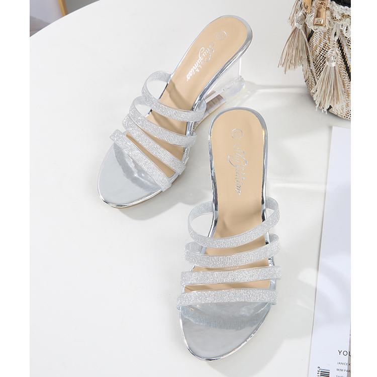 Женская летняя универсальная женская обувь на высоком каблуке со стразами, простые босоножки на наклонном каблуке, прозрачный каблук LFD