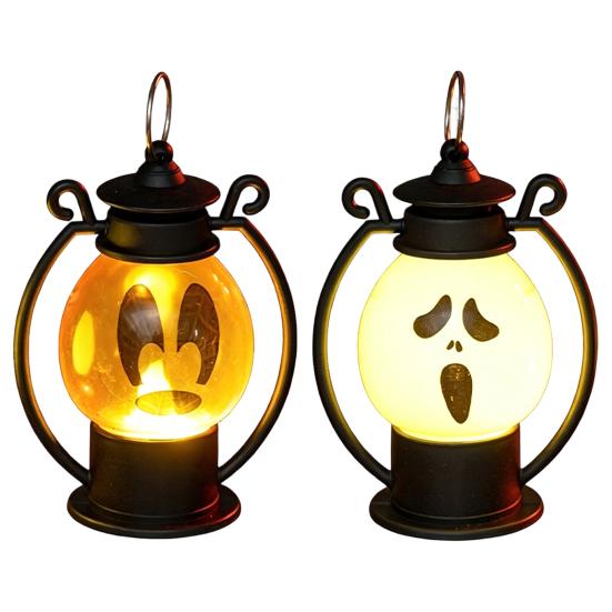 Halloween Party Prop Ghost Face Night Light, Portable Retro LED Lamp with Hanging Simulated Flame Ring, Battery Operated Vintage Horse Lantern