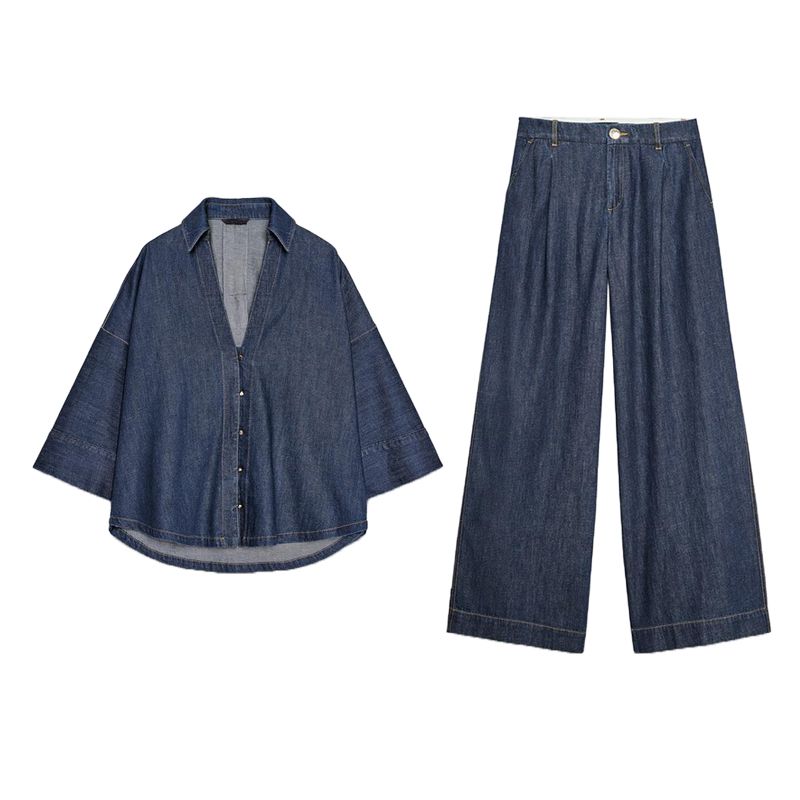 Wide Sleeve Lapel Casual Denim Shirt 2783781 Wide Leg High Waist Minimalist Casual Casual Pleated Pants 2881781
