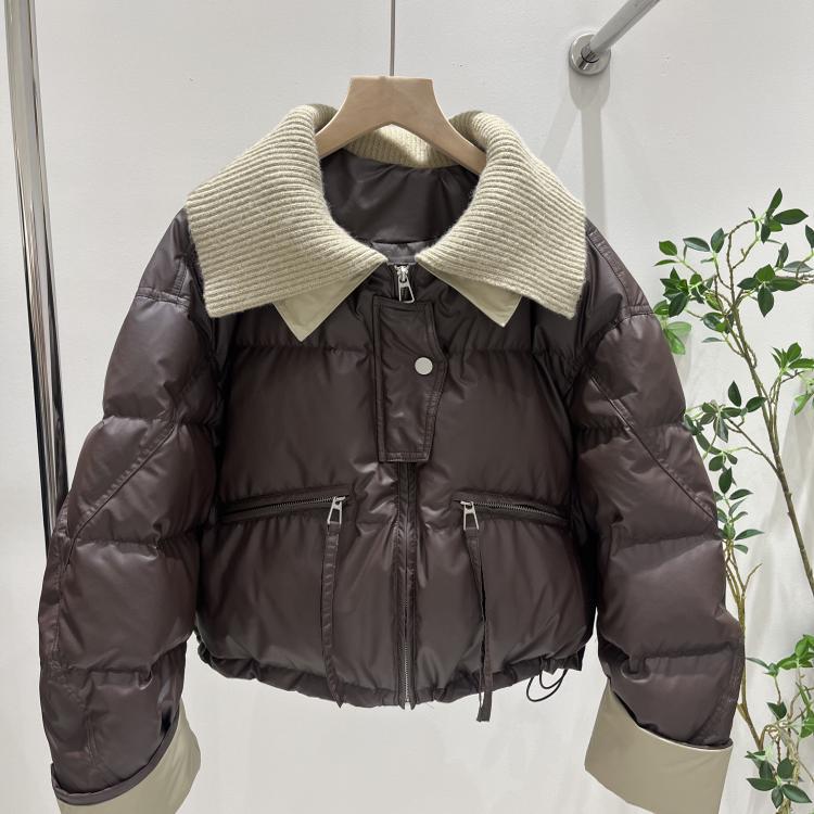 Winter European knitted lapel short down jacket women's winter protein leather splicing knitted white duck down jacket tide
