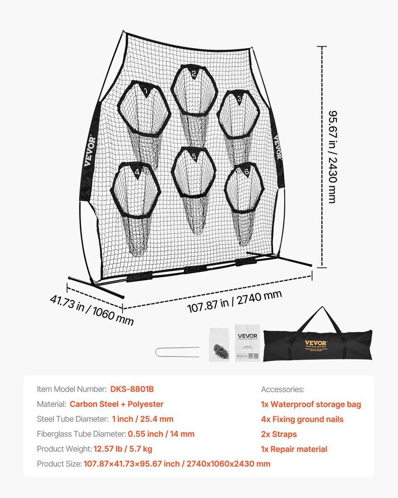 2438.4x2438.4mm Football Trainer Throwing Net, Training Throwing Target Practice Net with 6 Target Pockets, Knotless Net Includes Straps and Portable