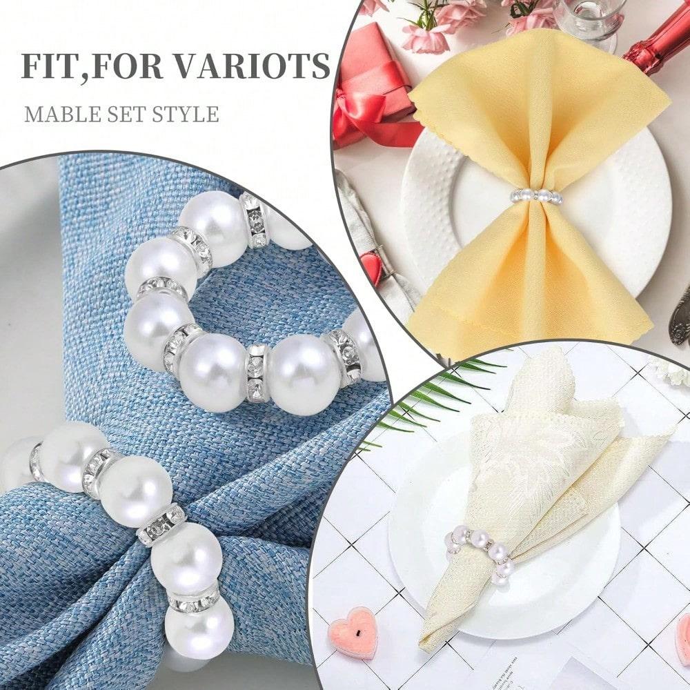 20pcs Pearl Napkin Rings Silver Holder Imitation Beaded White Elegant Rhinestone Serviette Rings Buckle for Wedding