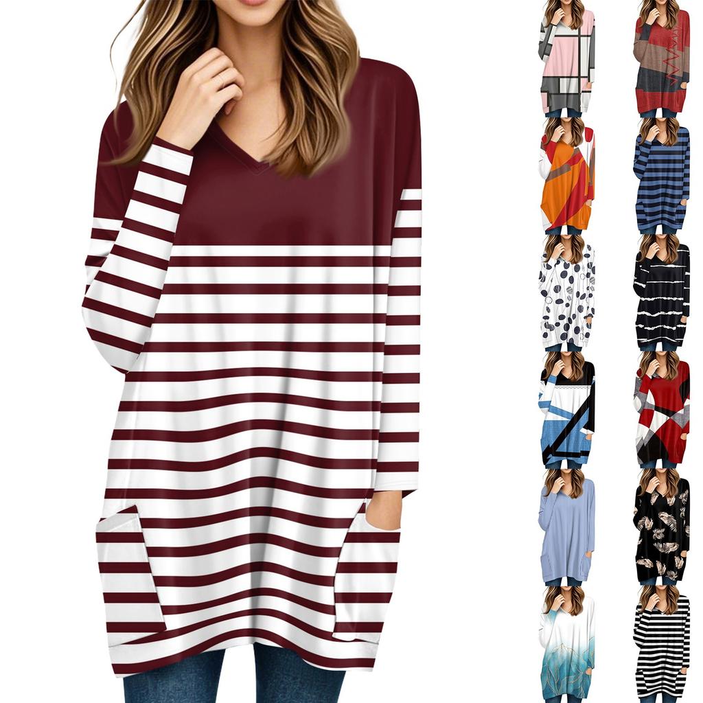 Womens Tops V-neck Long Sleeve Blouses Casual Mid-length Shirts Fashion Print Tunic Tops With Pockets