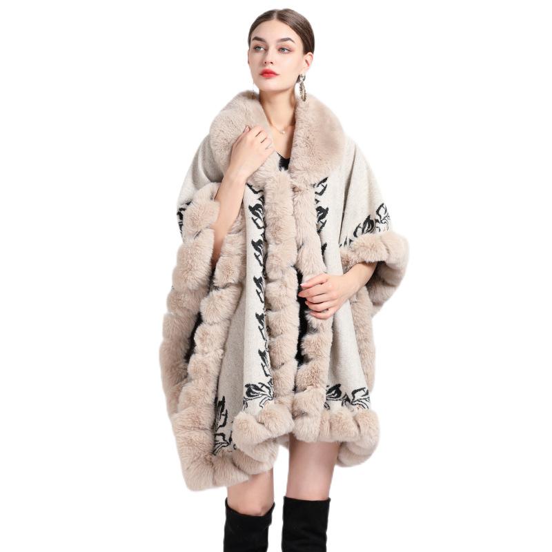 Women's Padded Thickened Faux Otter Hair Collar Cape Shawl Loose Large Size Knitted Cardigan Jacket