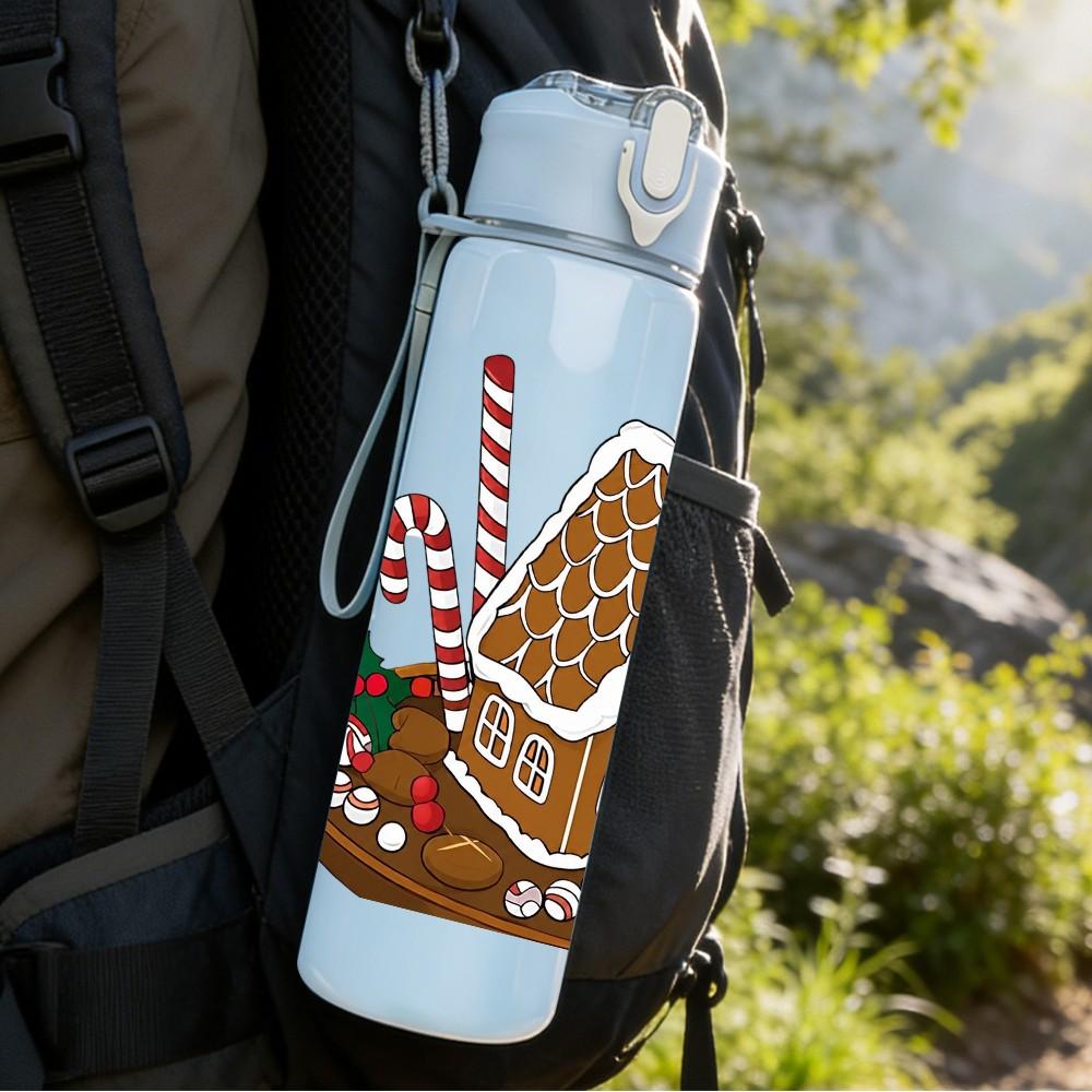 1PC Gingerbread House Candy Pattern 750ml Color Plastic Sports Water Bottle Leakproof Flip Straw Lid Suitable for Sports Office Home Use