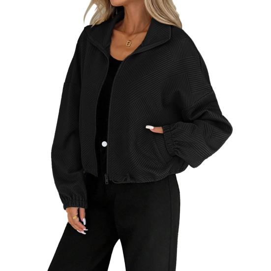 Women's Full Zip Short Jacket Casual Long Sleeve Stand Collar Crop Coat Drawstring Hem Fall Sweatshirt with Pockets