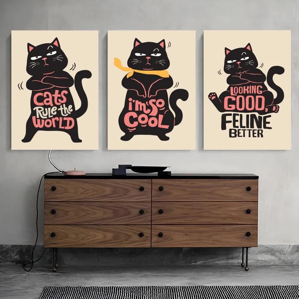 1PC Black Funny Cats Rule The World Print Poster Paper Waterproof HD Sticker Bedroom Entrance Home Living Room Bar Wall Decor