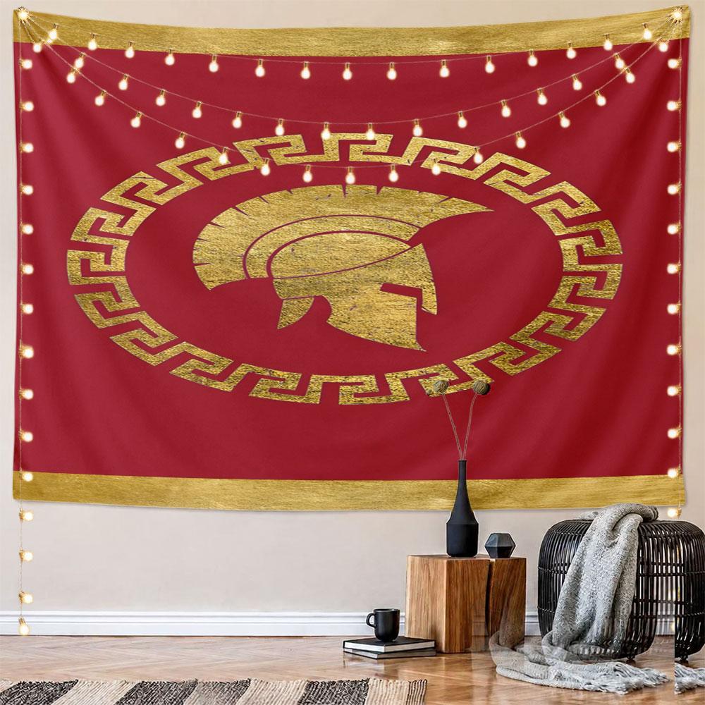 Golden Spartan Helmet on Red Banner Pattern Wall Hanging Tapestry Decorative Tapestry Home Decor for Bedroom and Living Room