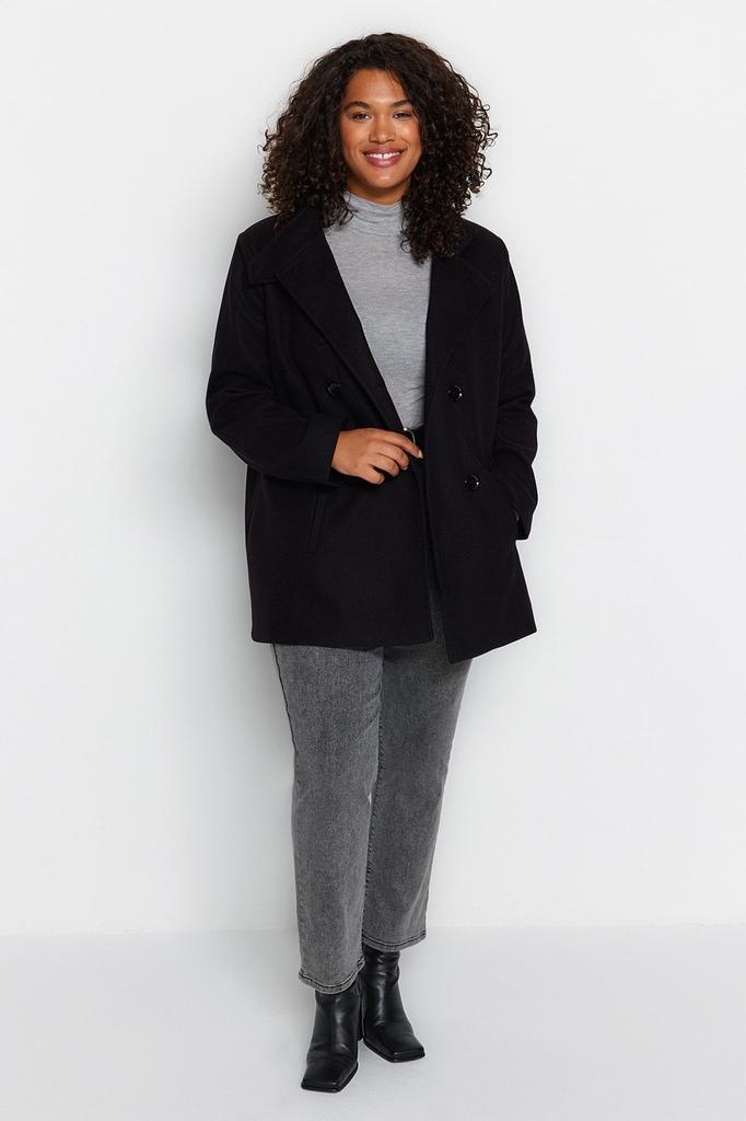 Women's Style Plus Size Black Double Closure Stand Collar Coat