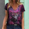 Summer V-neck 3D Animal Tigers Leopards Lions Printed Top Fashionable Casual Short Sleeved Women's T-shirts