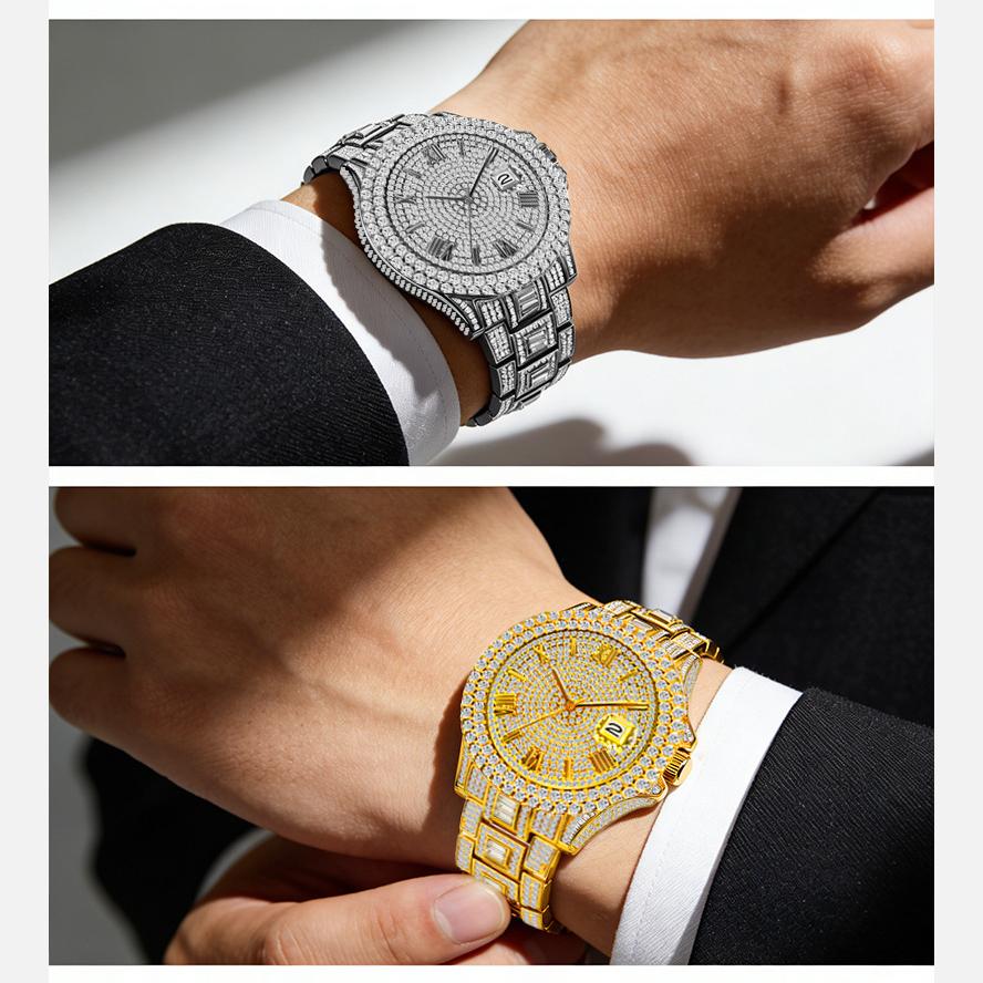 Men Luxury Full Diamond Quartz Watch Roman Numeral Date Display Iced Out Hip Hop Wrist Watch Waterproof