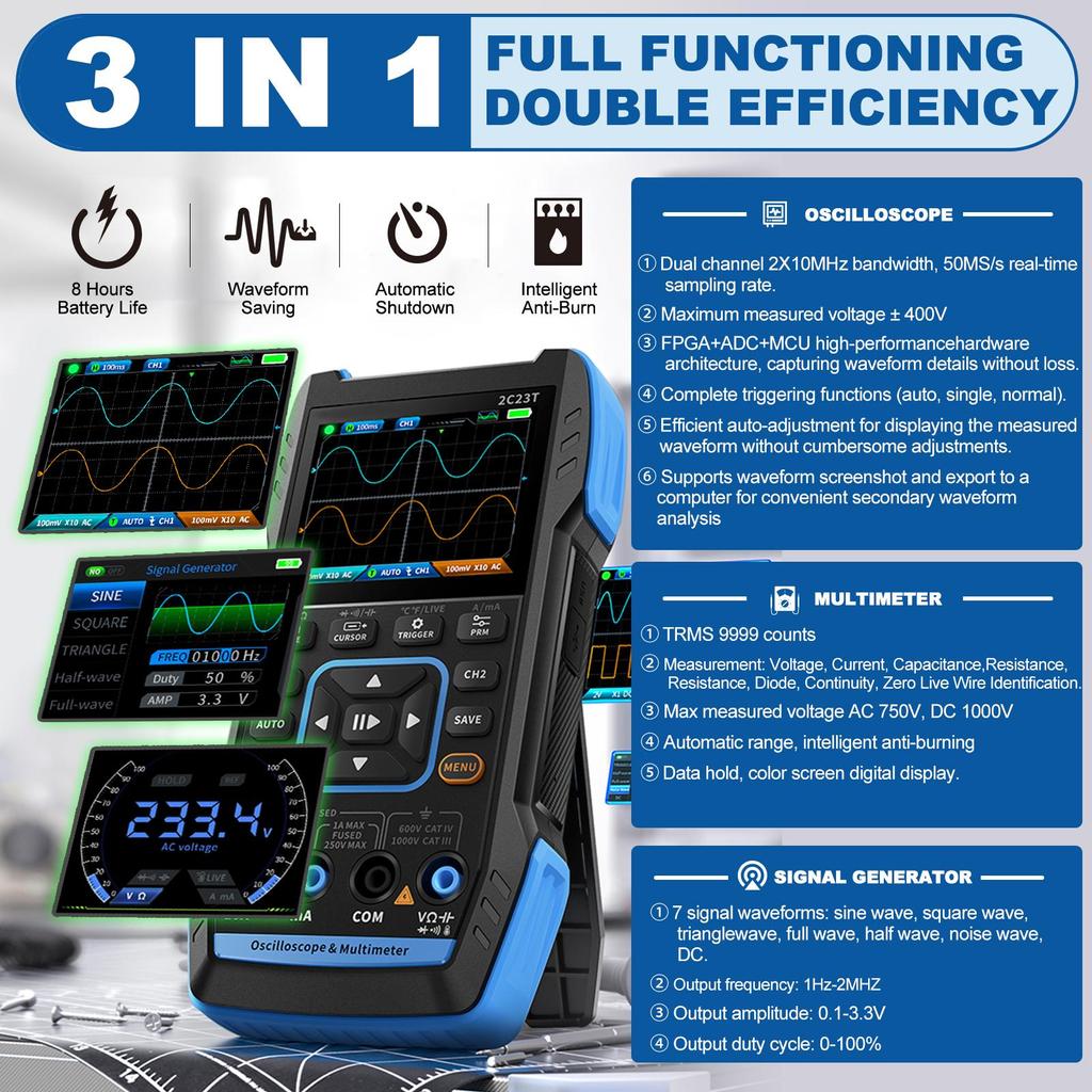 Осциллограф-мультиметр DDS-генератор 3-в-1, 2 канала, полоса пропускания 10 МГц, частота дискретизации 50 Мвыб/с, 9999 отсчетов, измеритель переменного и постоянного тока, 2C23T