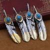 S925 Sterling Silver Jewelry Retro Thai Silver Men and Women Turquoise Feather Pendant Sweater Chain Pendant