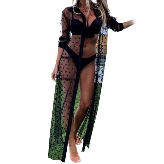 Женское бикини с длинным рукавом, пальто, принт в горошек, сетчатая прозрачная лацканная накидка для бикини, пляжная одежда EMA