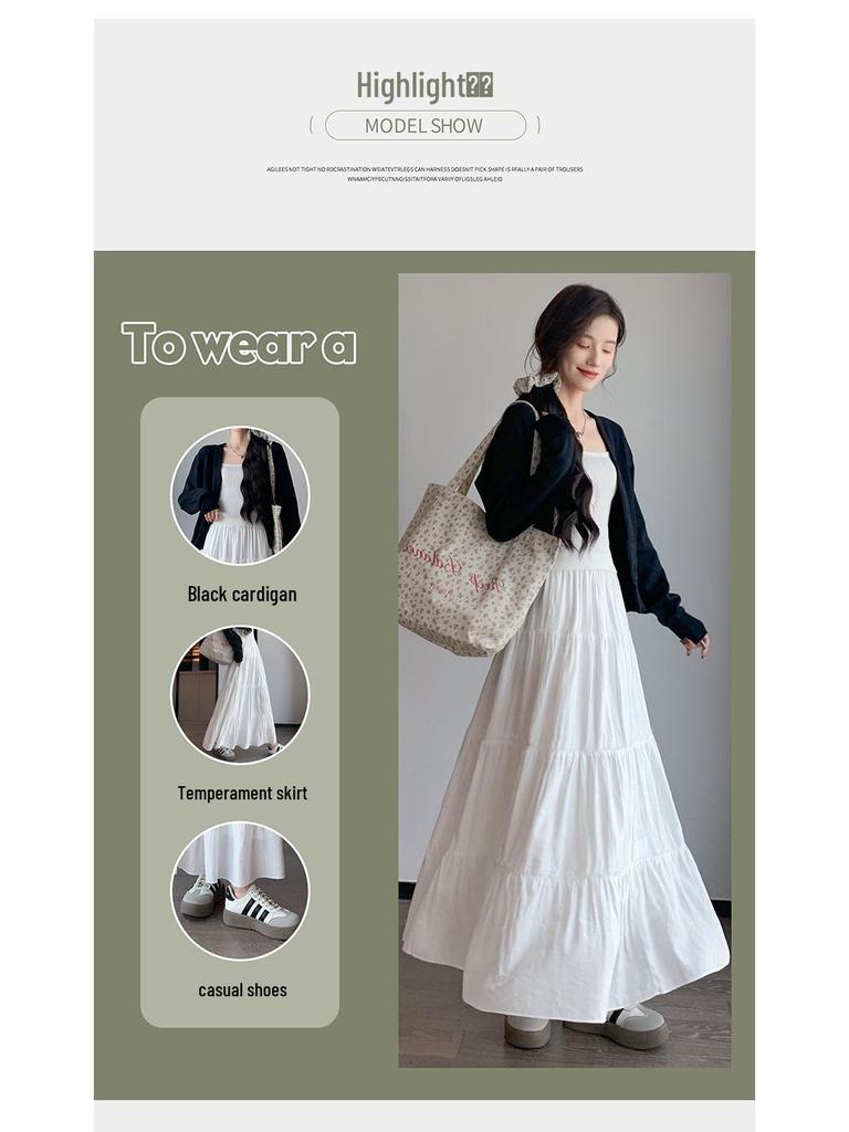 White A-line High Waist Pleated Long Skirt for Women - Spring/Summer 2026 Slimming Petite Layered Umbrella Design