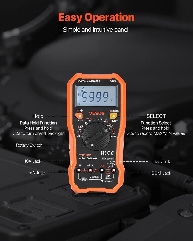 Digital Multimeter, 6000-Count TRMS DC/AC Voltmeter Current Tester, Professional NCV Multimeter for Current Voltage Resistance Capacitance Duty-Cycle