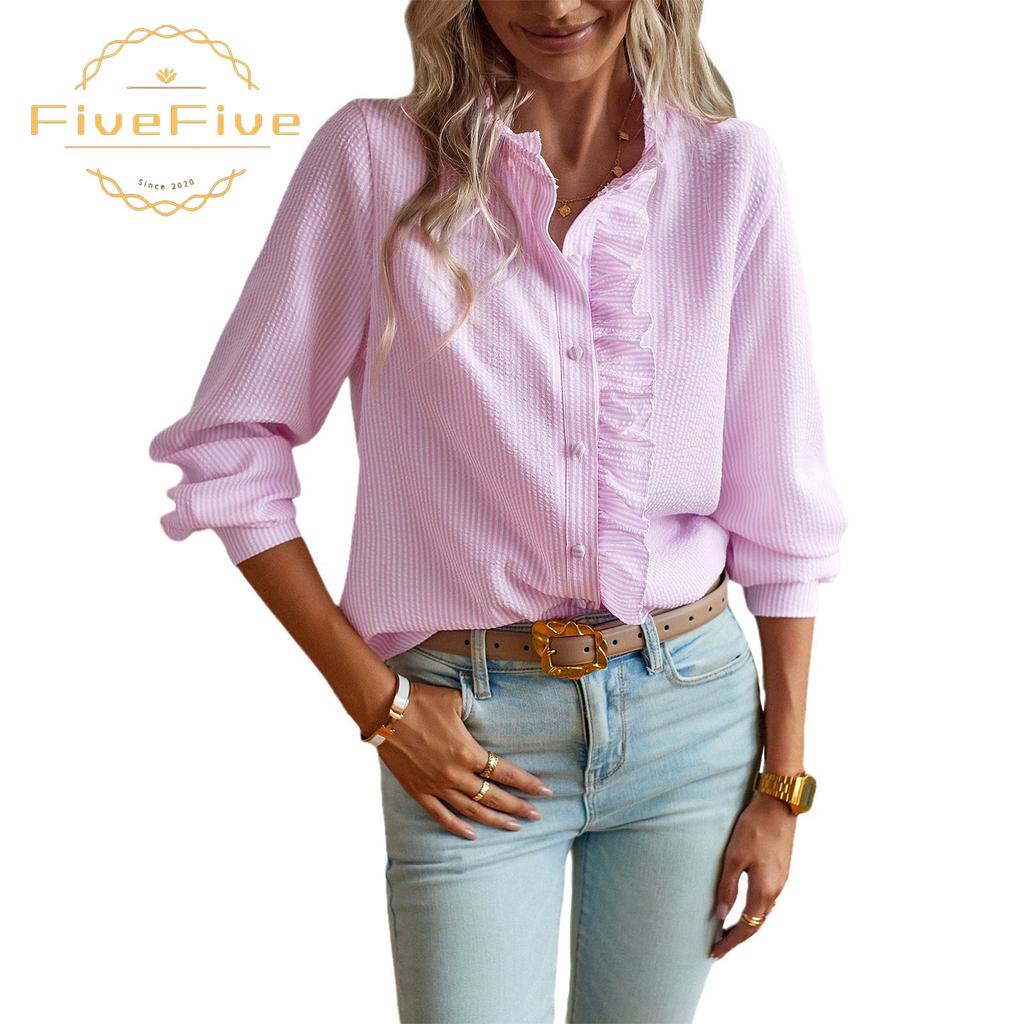 FiveFive Fashion Women Shirt Elegant Office Ruched Stand Collar Single Breasted Long Sleeve Top Causal Solid Comfort Simple Shirt Plus Size