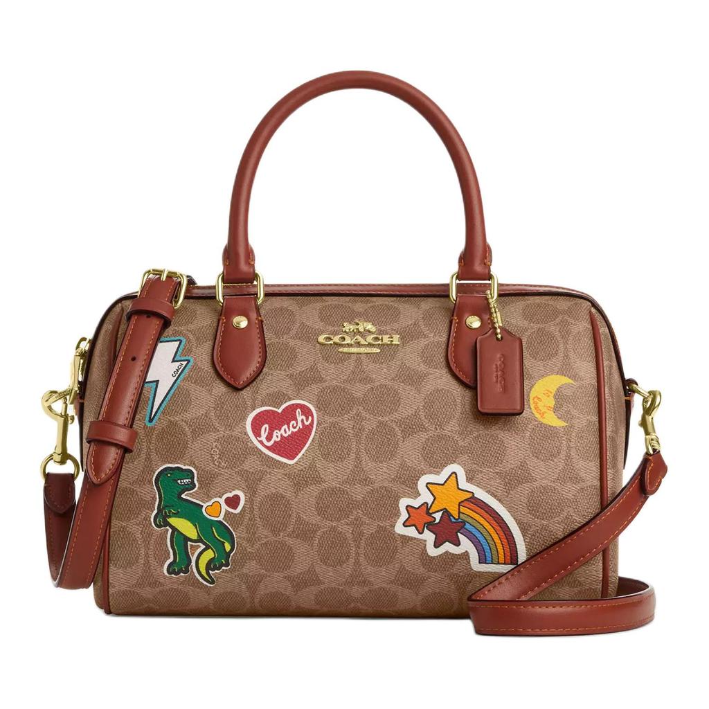 COACH Rowan Coated Canvas Shoulder Bag, Crossbody Bag, Handbag Medium Womens Tan Multicolor