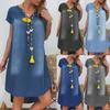 European-American Casual Solid V-Neck Short-Sleeved Denim Dress