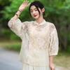 Johnature Women Stand Patchwork Shirts Chinese Style Solid Color Seven Sleeve Tops Spring Button Vintage Women Blouses