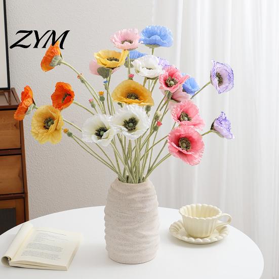 Realistic Faux Plants for Wedding 5 Heads Artificial Poppies Flowers with Stems, Silk Fake Flowers, Natural Look Floral Stems Bouquet Table
