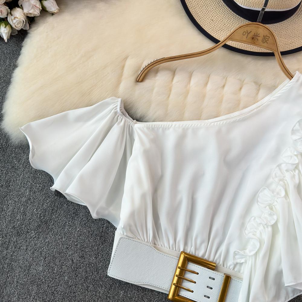 Шикарная блузка Blusas De Mujer с косым воротником и воланами, нерегулярная блузка Ins для женщин, однотонная, со складками на поясе, Camisas, летняя дропшиппинг