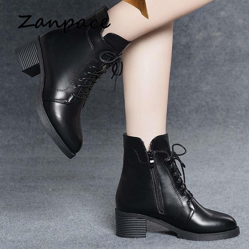 ZANPACE 2025 Новые зимние ботинки Женские на шнуровке Сохраняющие тепло Меховые Женские осенние туфли Кожаные На высоком каблуке С острым носком Женские ботильоны