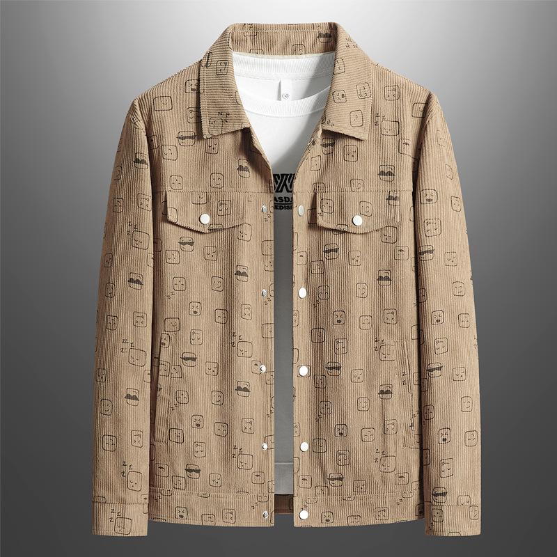 Men's Spring/Autumn Corduroy Lapel Jacket - Fashionable, Casual, Full-Print, Large Sizes Available.