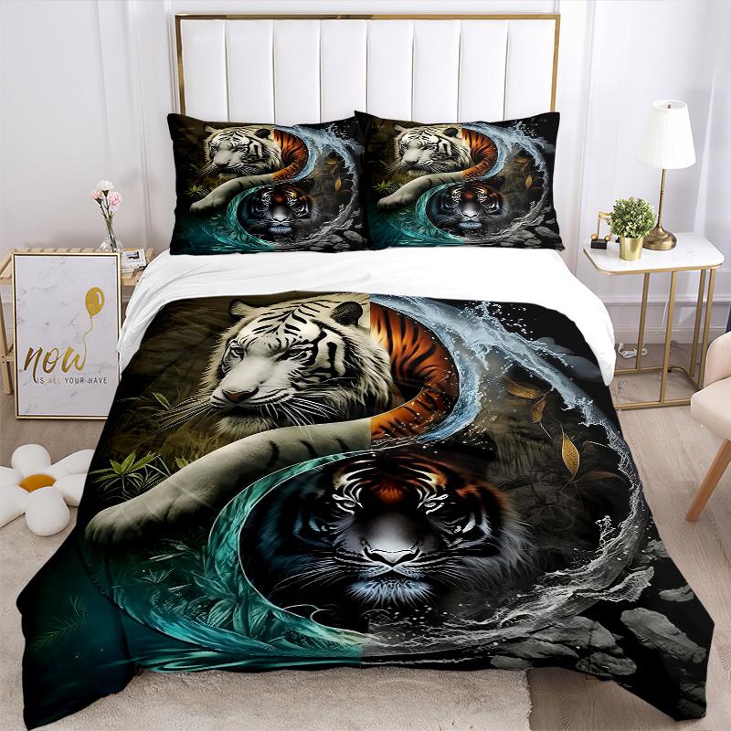 3pcs The Dual Nature of Tigers in Water and Fire Pattern Bedding Three-Piece Set (1 Cover + 2 Pillowcases, No Fillings), This Printed Bedding Set