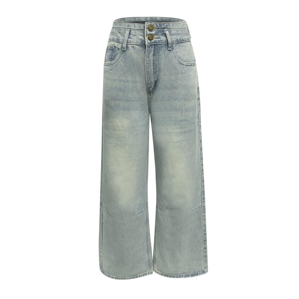 Женские джинсы винтажного дизайна с высокой талией и потертостями на пуговицах, женские свободные прямые широкие брюки